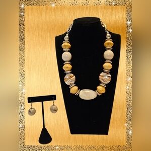 Cream & Tan Stone Beaded Necklace and Earring Set